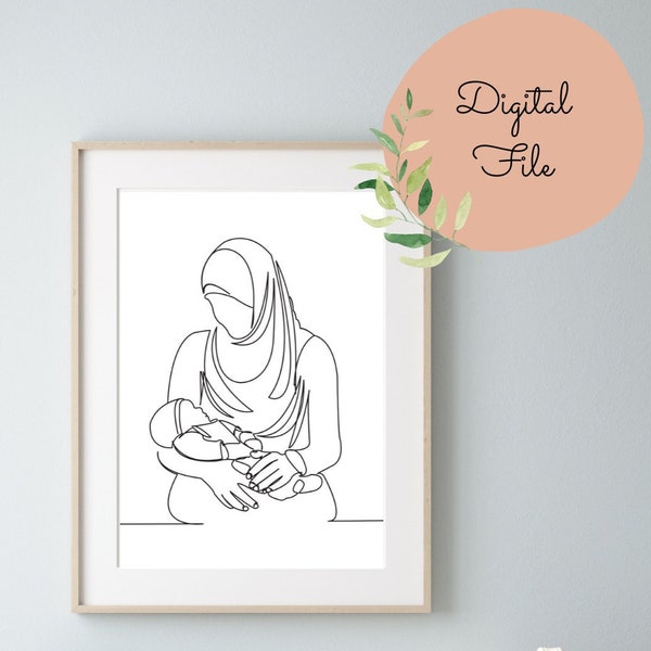 Muslim Mom and Baby Line Art Print, Mother & Child Minimalist Printable Wall Art, Mother's Day Line Art, New Mom, Newborn Boho Nursery Decor