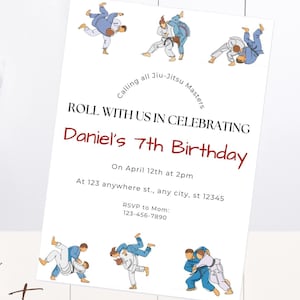 Puede incluir: Una invitación de cumpleaños blanca y roja para un 7º cumpleaños. La invitación presenta una ilustración de dibujos animados de personas practicando jiu-jitsu. El texto de la invitación dice: "Calling all Jiu-Jitsu Masters, Roll with us in celebrating Daniel's 7th Birthday. On April 12th at 2pm, at 123 anywhere st., any city, st 12345. RSVP to Mom: 123-456-7890. You can edit and send or print in minutes."