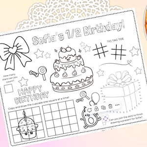 1/2 Birthday Coloring Placemat | Personalized Half Birthday Puzzle Placemat | Kids Coloring Page Worksheet | Halfway to One, Half Trip