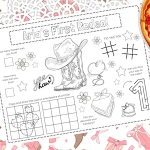 Printable Personalisierte meine erste Rodeo Geburtstagsparty | Rodeo Geburtstagsparty | Cowgirl Geburtstag | Gastgeschenk | Malvorlage aktivität
