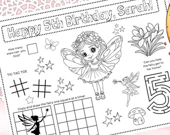 Printable Fairy Birthday Coloring Placemat | Personalized Whimsical Placemat | Enchanted Pixie Fairy Kids Coloring Page | Digital Download