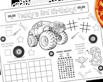 Afdrukbaar verjaardagsfeestje monstertruck | Verjaardagsfeestje met monsterjamthema | Feestbedankje Monster Truck |Kleurplaat | Gepersonaliseerd vel