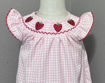 Birthday Strawberry Romper Bubble, Smocked Romper, Berry First Birthday, Sweet One Romper, Strawberry Theme, Pink Gingham, Summer Outfit