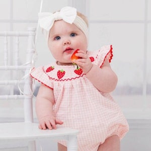 Birthday Strawberry Romper Bubble, Smocked Romper, Berry First Birthday, Sweet One Romper, Strawberry Theme, Pink Gingham, Summer Outfit