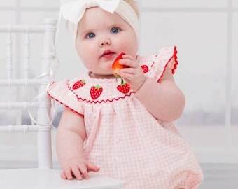 Birthday Strawberry Romper Bubble, Smocked Romper, Berry First Birthday, Sweet One Romper, Strawberry Theme, Pink Gingham, Summer Outfit