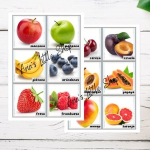 Cartes flash de fruits espagnols, cartes flash bilingues pour tout-petits, images réelles, cartes de vocabulaire pour enfants, images réelles, PDF imprimable, jeu Montessori
