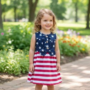 4th of July Toddler Girls Dress, American Flag Denim Dress, Patriotic Toddler Outfit, American Flag Outfit, Military Pride, 2T 3T 4T 5T 6T image 1