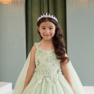 May include: A young girl wearing a light green tulle dress with a floral design and a pearl tiara. The dress has a cape and is sparkly.