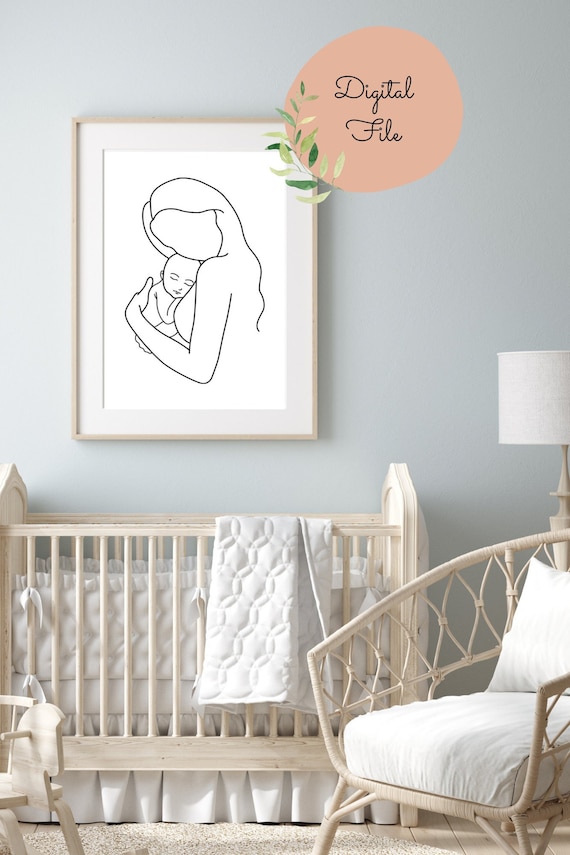Mom and Baby Line Art Print, Mother & Child Minimalist Printable Wall Art, Mother's Day Line Art, New Mom, Newborn Boho Nursery Decor