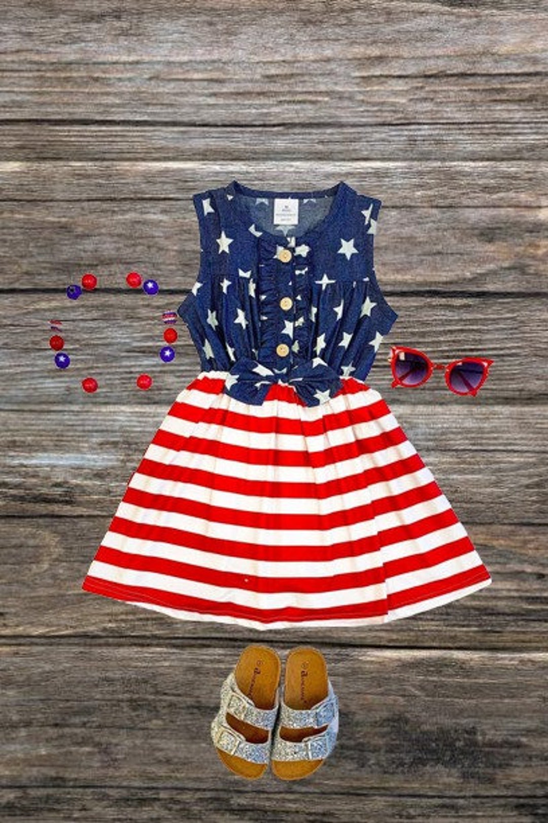 thumbnail image 2 of TOWED22 Toddler Girls USA Flag Dress Short Sleeve Independence Day Star Striped Printed Dress 4th Of July Summer Floral Dress Blue 18 24 M 2 of 9