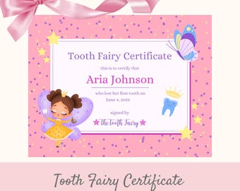Certificat de fée des dents girly rose, certificat de fée des dents modifiable imprimable, première dent, souvenir de bébé