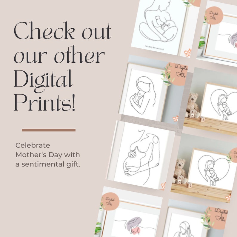May include: A collage of eight digital prints featuring line drawings of mothers and children. The prints are in black and white and have a minimalist aesthetic. The text "Digital File" appears on each print.