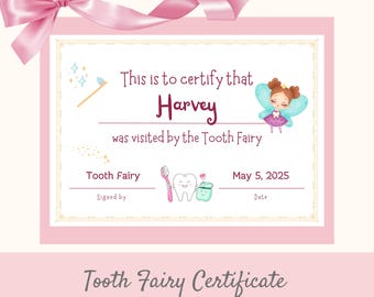 Certificat de fée des dents girly rose, certificat de fée des dents modifiable imprimable, première dent, souvenir de bébé