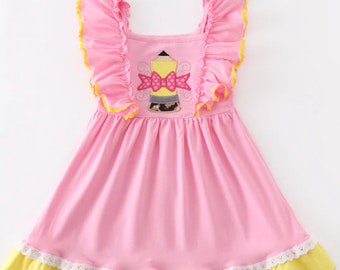 Back to School Dress, School Toddler Girl Outfit, Pink Ruffle Dress, Pencil Dress, Pink & Yellow, Summer Spring, School Theme, Kindergarten