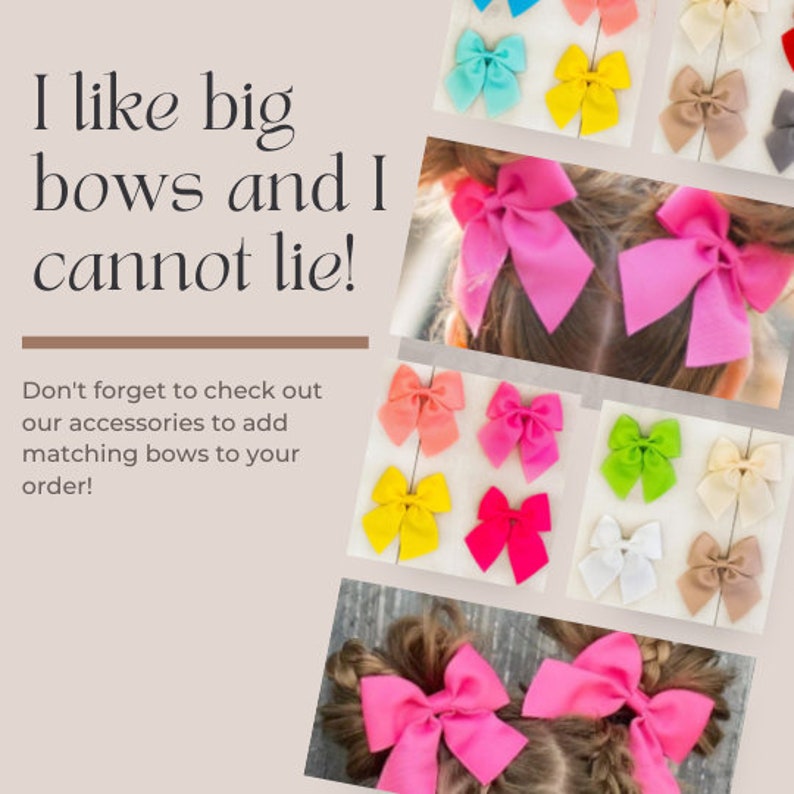 K&ouml;nnte beinhalten: Eine Sammlung von bunten Stoffschleifen in verschiedenen Farben, darunter Pink, Gelb, Gr&uuml;n, Blau und Wei&szlig;. Der Text "Ich mag gro&szlig;e Schleifen und ich kann nicht l&uuml;gen!" ist auf dem Bild zu sehen. Vergessen Sie nicht, unsere Accessoires zu &uuml;berpr&uuml;fen, um passende Schleifen zu Ihrer Bestellung hinzuzuf&uuml;gen!