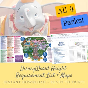 May include: A digital download featuring a Dumbo the Flying Elephant graphic, park maps, and a height requirement list for Disney World rides. Text includes "All 4 Parks!" and "Disney World Height Requirement List + Maps."