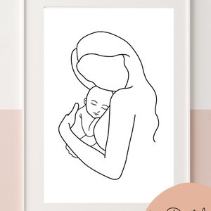May include: Line art drawing of a mother holding a baby in her arms. The mother is facing to the left and the baby is facing to the right. The drawing is in black and white.