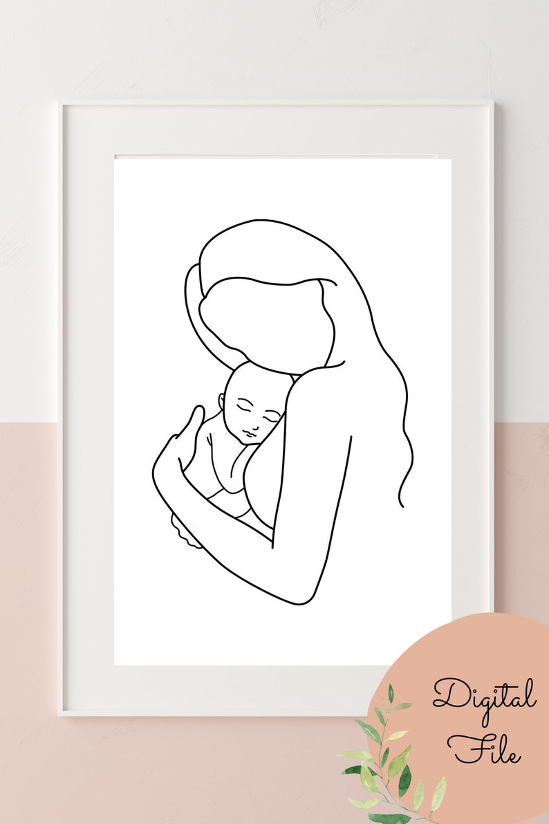 May include: Line art drawing of a mother holding a baby in her arms. The mother is facing to the left and the baby is facing to the right. The drawing is in black and white.