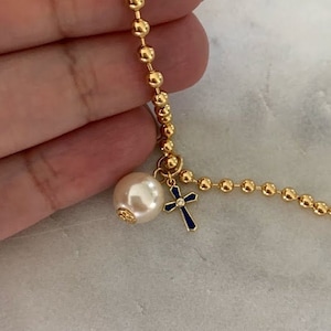 3MM Beaded Gold Filled Chain Necklace  with Pearl and Enamel Cross| Layering Ball Gold Chain | Satellite Ball Chain| Beaded Chain