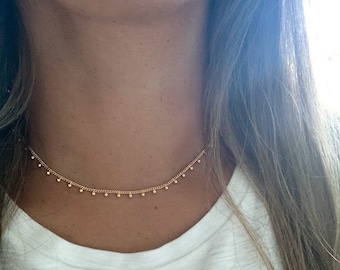 2MM Dainty Beaded Gold Filled Chain Necklace | Layering Ball Gold Chain | Satellite Ball Chain| Beaded Necklace Choker on a Curb Link Chain