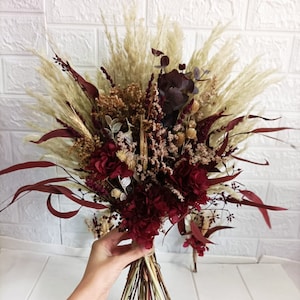 Burgundy preserved flower bouquet/Bridal bouquet and boutonniere designed with preserved flowers/Preserved hydrangea bouquet