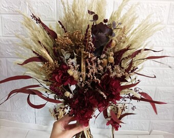 Burgundy Preserved Flower Bouquet: Dried Hydrangea Bridal Bouquet & Boutonniere