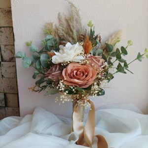 Orange wedding bouquet/ Burnt orange wedding set/Orange Bridesmaid bouquet/eucalyptus bouquet/Rustic wedding bouquet/Pampass grass bouquet