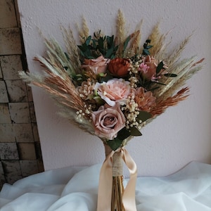 Orange wedding bouquet/ Burnt orange wedding set/Orange Bridesmaid bouquet/eucalyptus bouquet/Rustic wedding bouquet/Pampass grass bouquet