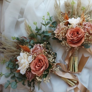 Orange wedding bouquet/ Burnt orange wedding set/Orange Bridesmaid bouquet/eucalyptus bouquet/Rustic wedding bouquet/Pampass grass bouquet