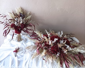 Burgundy Preserved Flower Bouquet: Dried Hydrangea Bridal Set