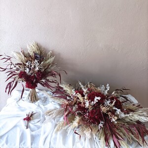Burgundy preserved flower bouquet/Bridal bouquet and boutonniere designed with preserved flowers/Preserved hydrangea bouquet