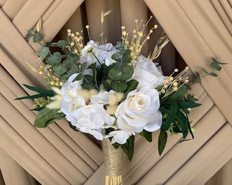 Ramo de novia de rosas blancas: flores románticas para novias, ramo de damas de honor, boutonniere