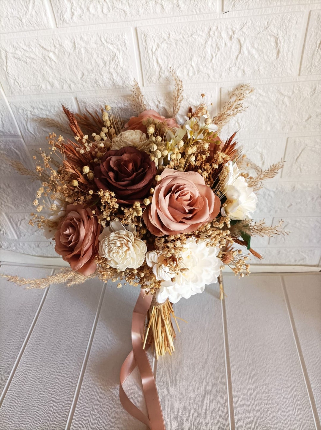 Rustic Blush Pink Bridal Bouquet: Brown Wedding Flowers - Etsy