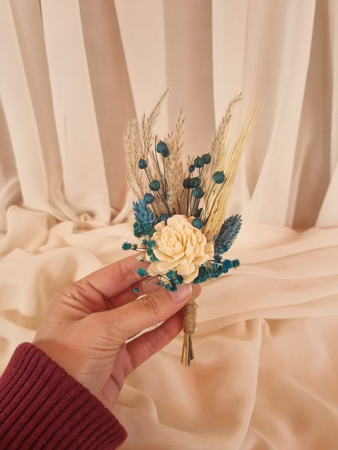 ドライフラワーブーケ・ブートニアセット　ターコイズブルー ターコイズドライフラワーのブートニア：結婚式の花婿付添人用