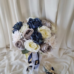 Navy Blue Bridal Bouquet /Navy Blue Artificial Flower Bouquet/ Gray Wedding Bouquet
