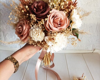 Rustic Blush Pink Bridal Bouquet: Brown Wedding Flowers