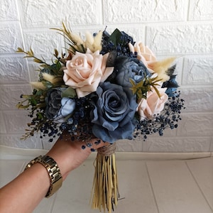 Navy blue wedding bouquet/Gray bridal boouquet/Gray wedding/Blue wedding set/Navy blue wedding bouquet/Navy blue boutonniere