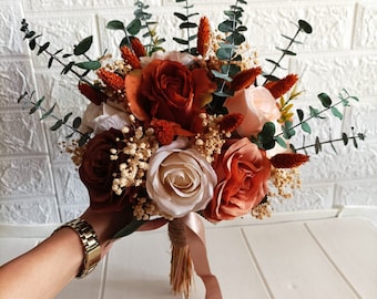 Terracotta Wedding Bouquet Set, Burnt Orange Bridal Flowers, Rustic Fall Wedding Bouquet, Boho Artificial Flowers