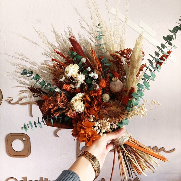 Rustikaler Boho Hochzeitsstrauß, brauner Hochzeitsstrauß, gebrannter oranger Blumenstrauß, Braut Brautjungfern Blumenstrauß, Boho Boutonniere, gebrannte orange Hochzeit