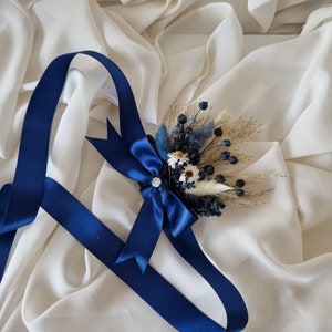 Navy Blue Corsage, Bridal Bouquet, Boutonniere /Navy Blue Artificial Flower Bouquet/ Gray Wedding Bouquet