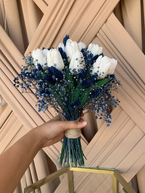 Bouquet di 20 tulipani artificiali in poliuretano, realistici al tatto, per matrimoni, decorazione per la casa e la stanza di nozze. Deep Blue