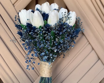 Dunkelblauer Brautstrauß/Weiße Tulpe Brautstrauß/Marineblaue Boutonniere/Rustikales Hochzeitsset/Marineblaue Hochzeit/Konserviert/Trockenblumen