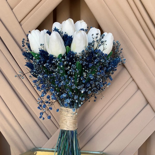 Navy blue bridal bouquet/White tulip bridal bouquet/Navy blue boutonniere/Rustic wedding set/Navy blue wedding set/Preserved /Dried flowers