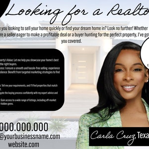 Puede incluir: Una mujer con cabello negro largo sonríe a la cámara. Lleva una chaqueta verde y está de pie frente a una casa moderna. El texto "Looking for a Realtor?" está en la parte superior de la imagen. El texto "Carla Cruz, Texas Realtor" está en la parte inferior de la imagen. El número de teléfono 000.000.000 y la dirección de correo electrónico hello@yourbusinessname.com también están incluidos.