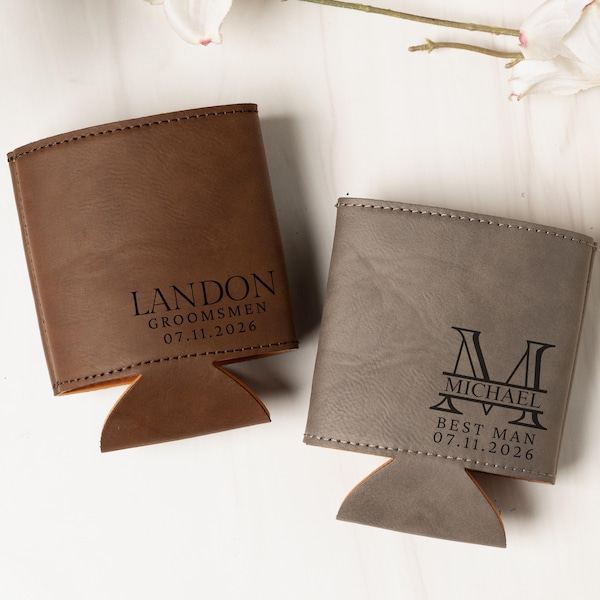 Enfriador de cuero personalizado, regalo personalizado para padrinos de boda, enfriador de latas grabado, soporte para cerveza, propuesta de padrino, regalo para fiesta de bodas, conjunto de regalo para padrino.