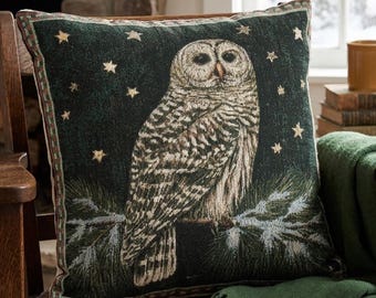 Barred Owl Throw Pillow Starry Night Decor Woven Whimsigoth Winter Wildlife Cabin Home Accent Gift