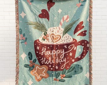 Happy Holiday Hot Cocoa Mug Woven Throw Blanket Gingerbread Cookie Winter Gift Idea Festive Holiday Home Decor Xmas Tapestry