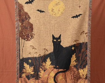 Black Cat Woven Throw Blanket with Harvest Moon and Bats for Witchy Halloween Cottagecore Farmhouse Home Decor and Fall Cat Lover Gift