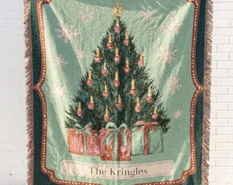 Personalized Christmas Tree Woven Throw Blanket with Custom Family Name for Vintage Holiday Decor and Retro Christmas Keepsake Gift Idea