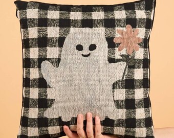 Cute Ghost Halloween Pillow - Gingham Checkered Throw Pillow - Spooky Decor Gift - Whimsical Ghost with Flower Home Accent